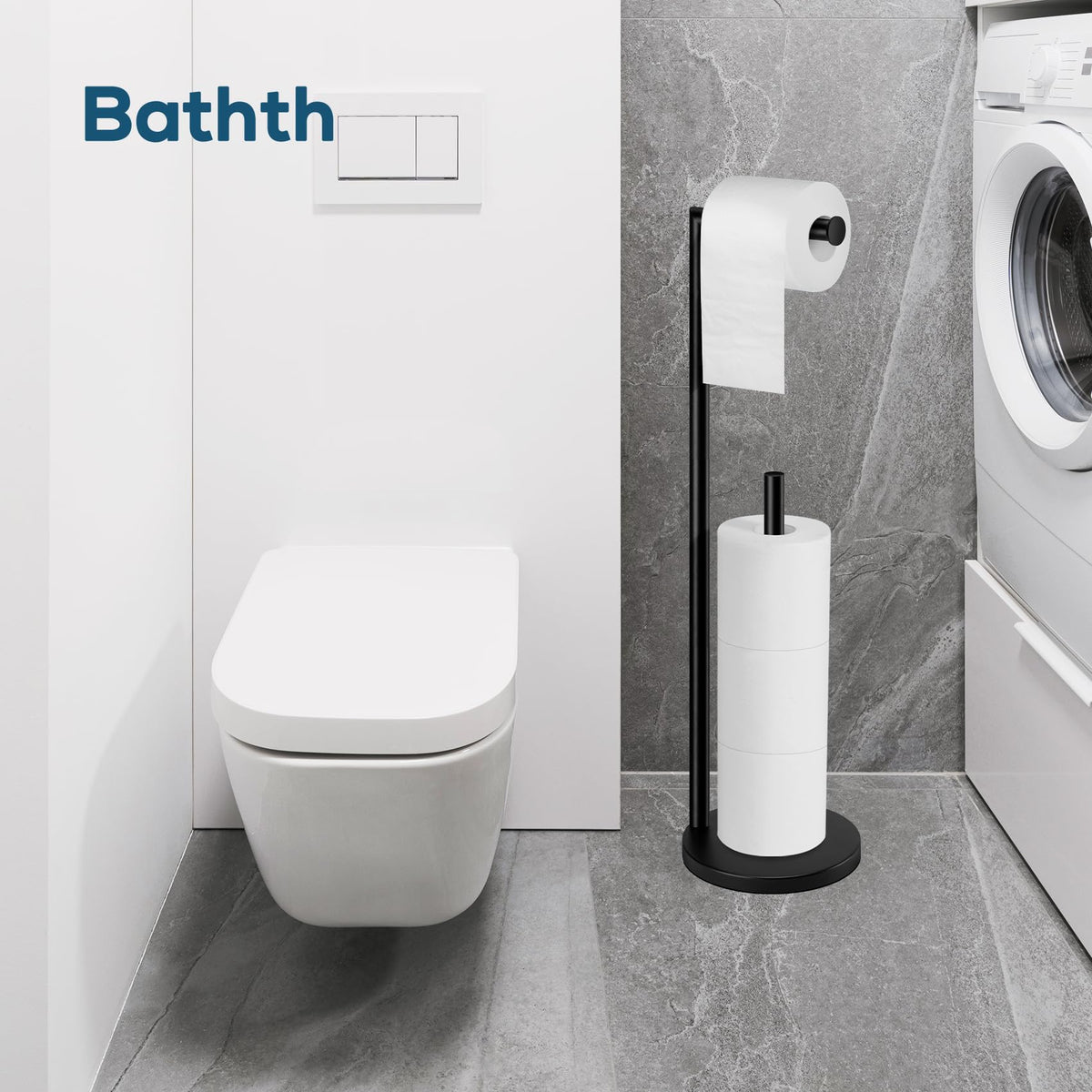 Bathth free-standing toilet paper stand keeps spares nearby