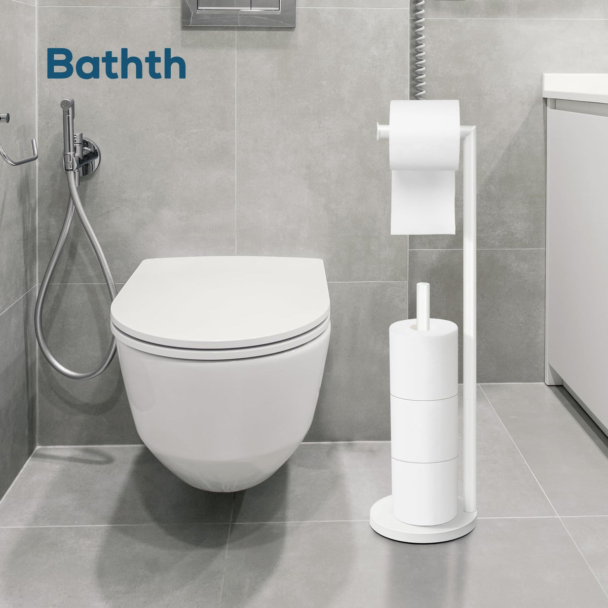 Bathth stand with spare rolls neatly stored for quick access.