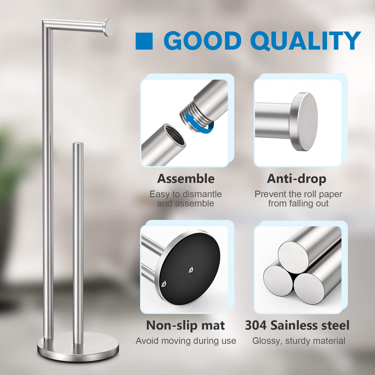 Bathth toilet paper storage stand holds three spare rolls for convenience.