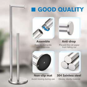 Bathth toilet paper storage stand holds three spare rolls for convenience.