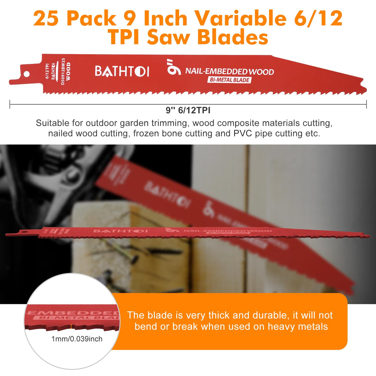 BATHTOI blade cutting nail-embedded wood with reduced binding