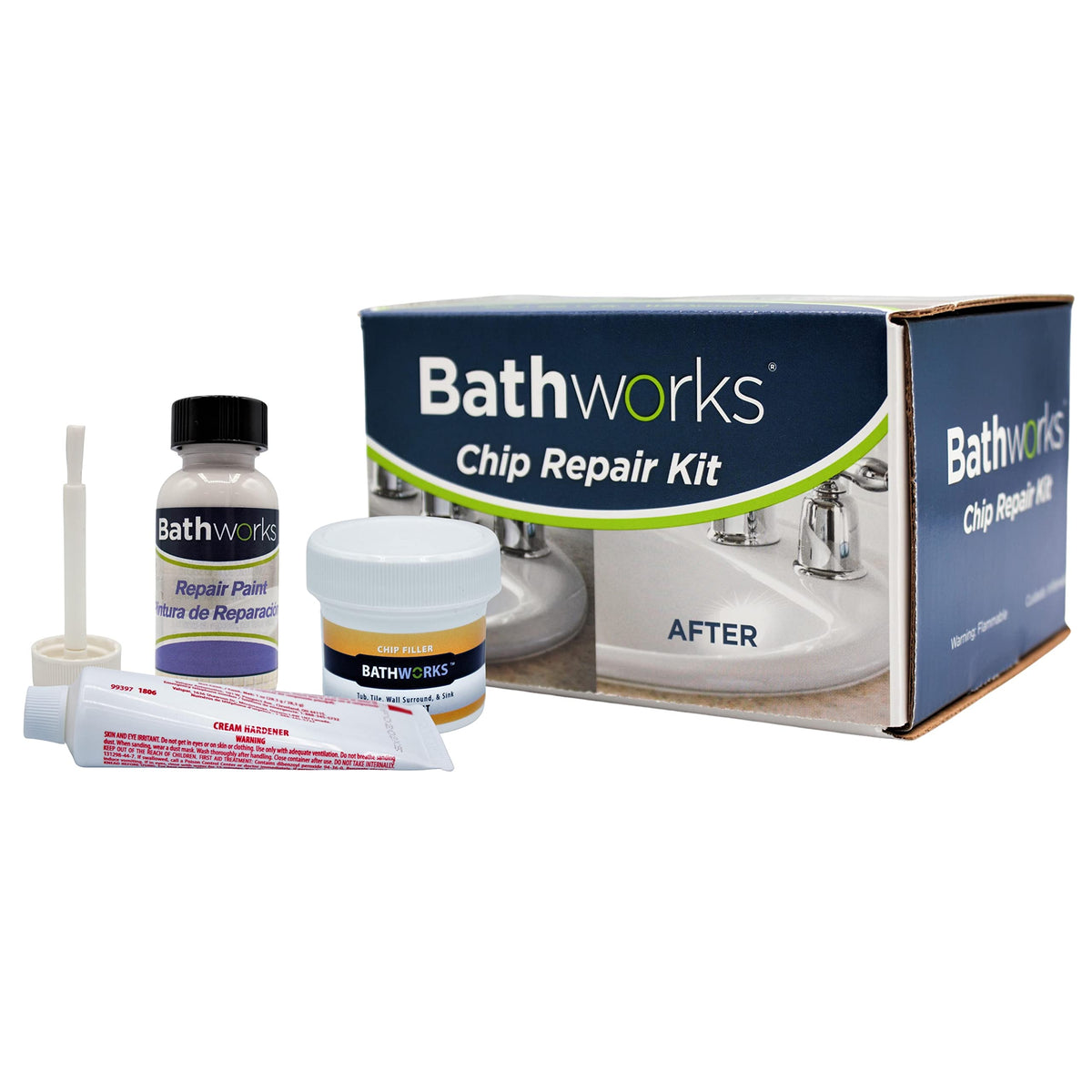 Bathworks tub and tile chip repair kit box with tools for easy home fixes.