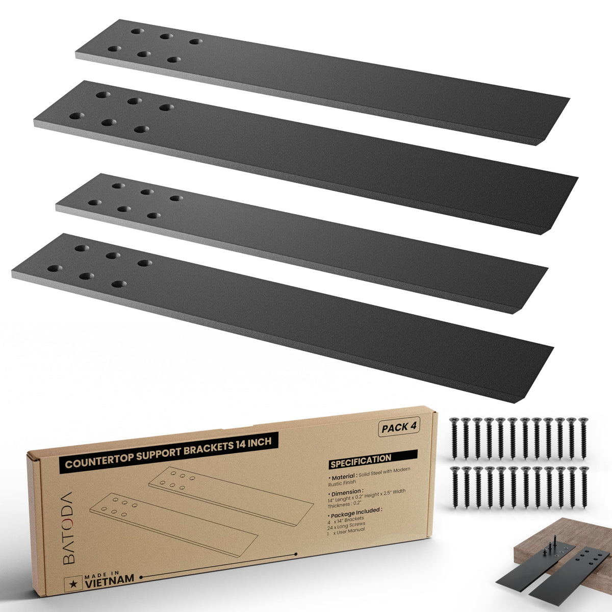 BATODA 14-inch countertop bracket back view for discreet granite shelf support.