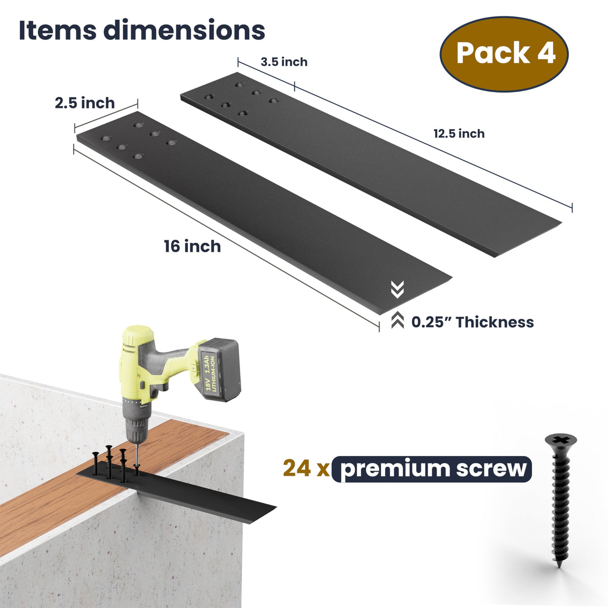 BATODA 16-inch countertop bracket package includes hardware for easy installation