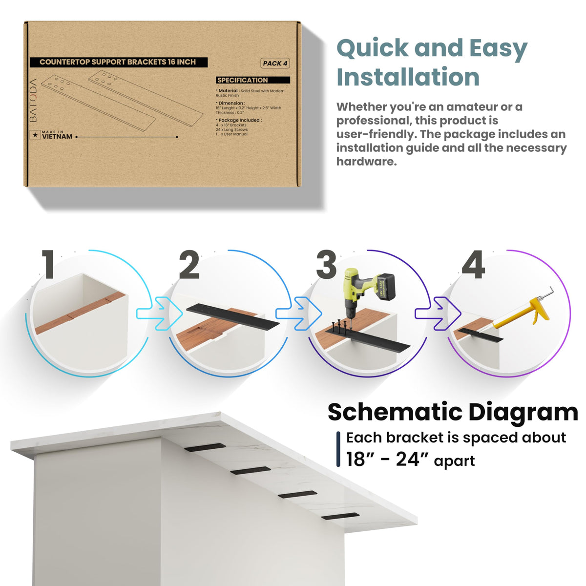 BATODA bracket demonstrates 300 lbs load capacity for countertops or shelves