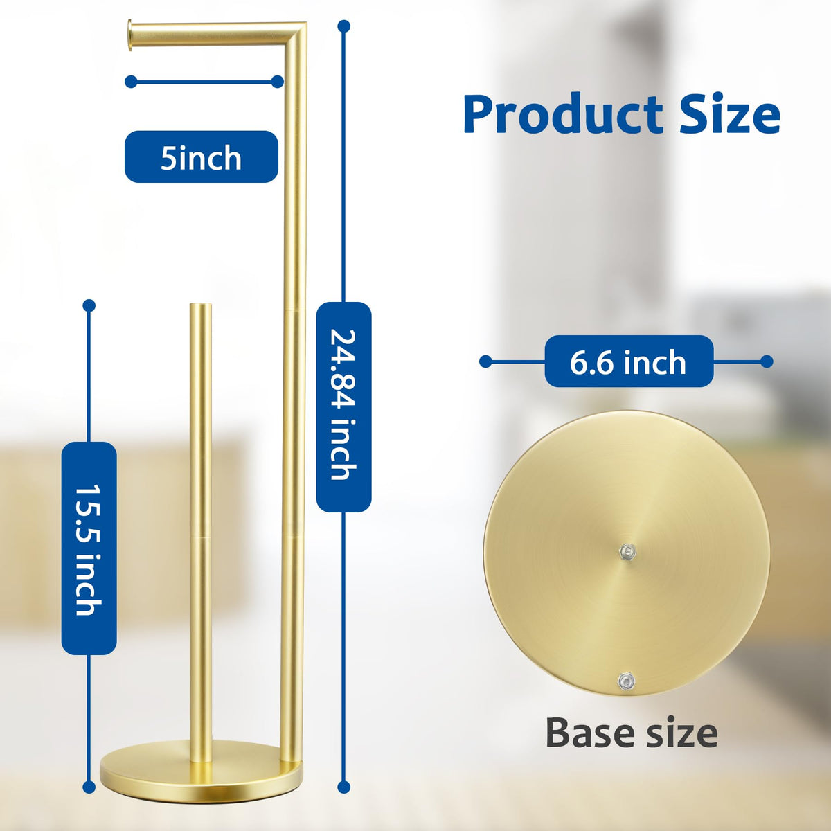 Batoliet gold finish stand with reserve storage for quick roll replacement.