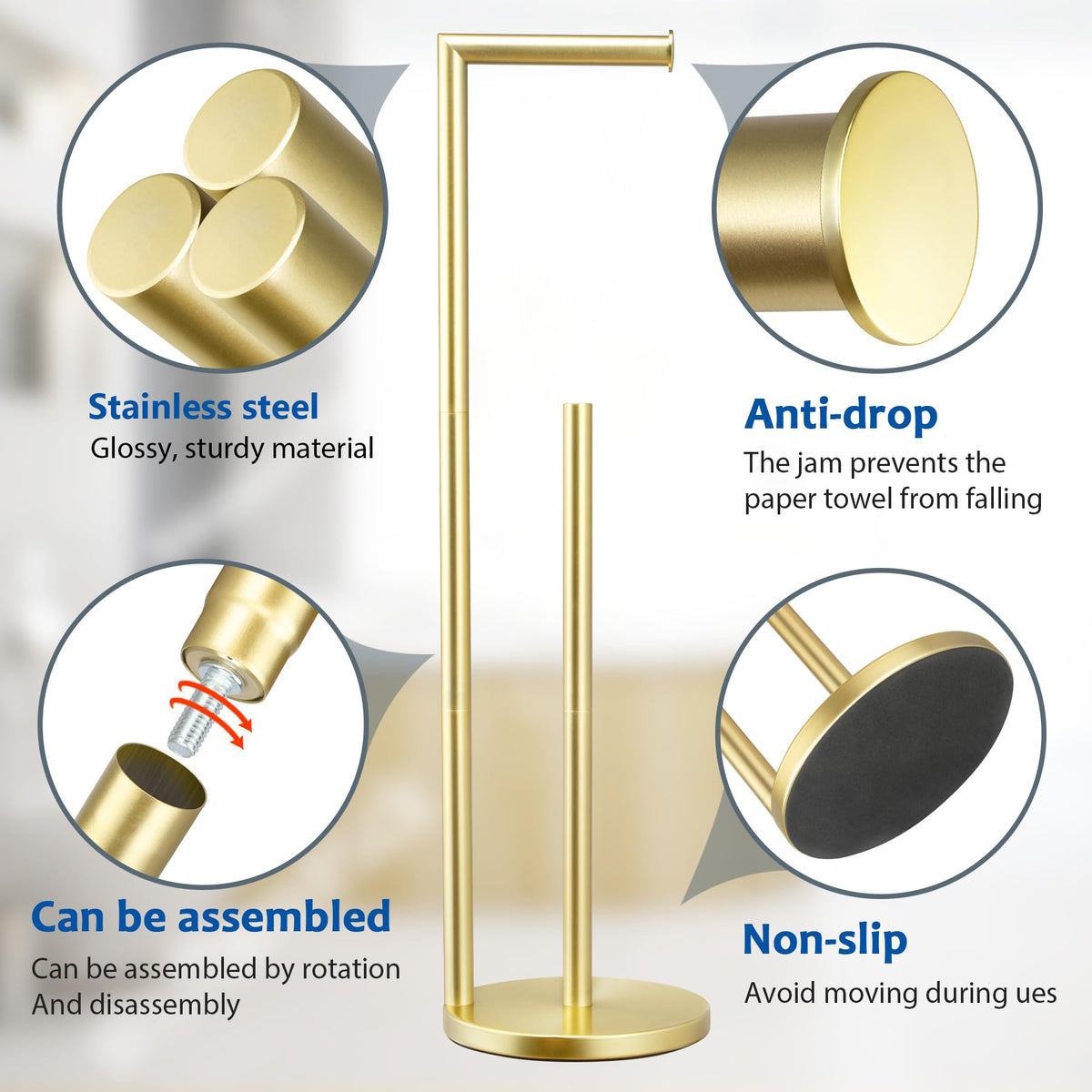 Batoliet gold-finish stand provides stylish, rust-proof storage for four rolls.