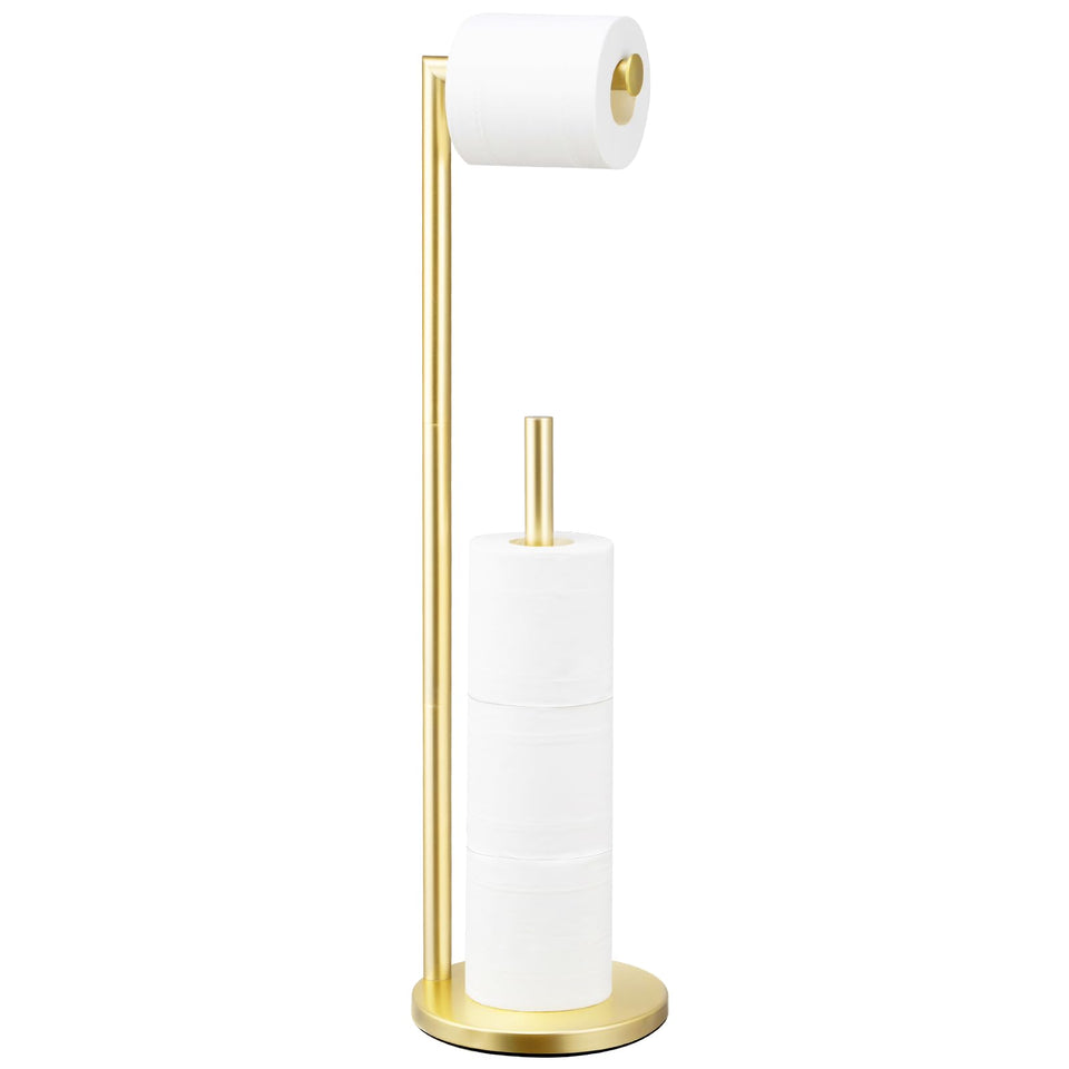 Batoliet toilet paper holder stand in gold keeps four rolls conveniently accessible.
