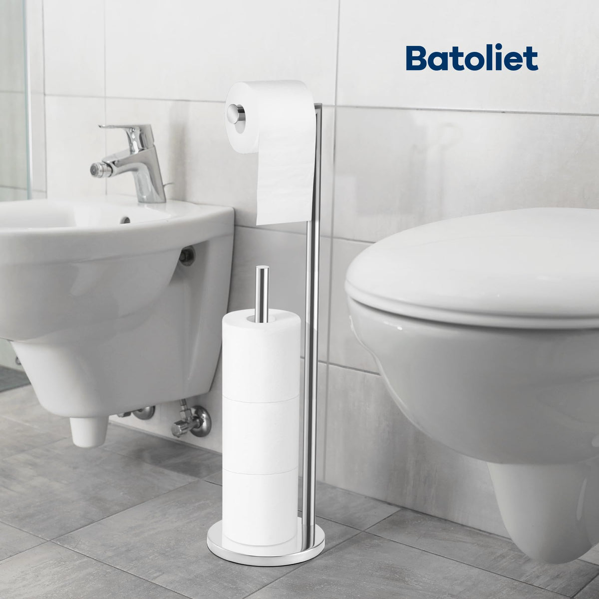 Batoliet chrome stand with four-roll storage supports uninterrupted bathroom use.