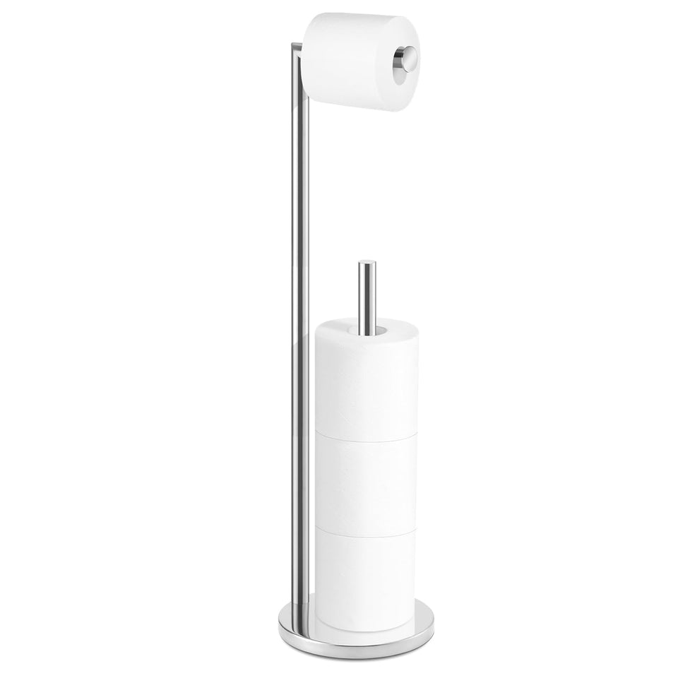 Batoliet chrome toilet paper stand front view with four-roll capacity for easy access.