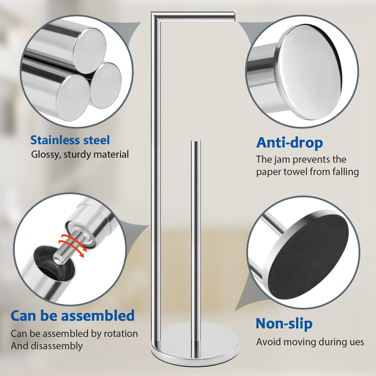 Batoliet chrome toilet paper stand with reserve compartment keeps tissues handy.