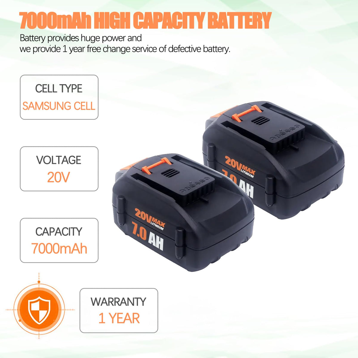 Batryuic 2-pack 7000mAh 20V battery side view showing ergonomic grip and housing