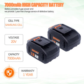 Batryuic 2-pack 7000mAh 20V battery side view showing ergonomic grip and housing