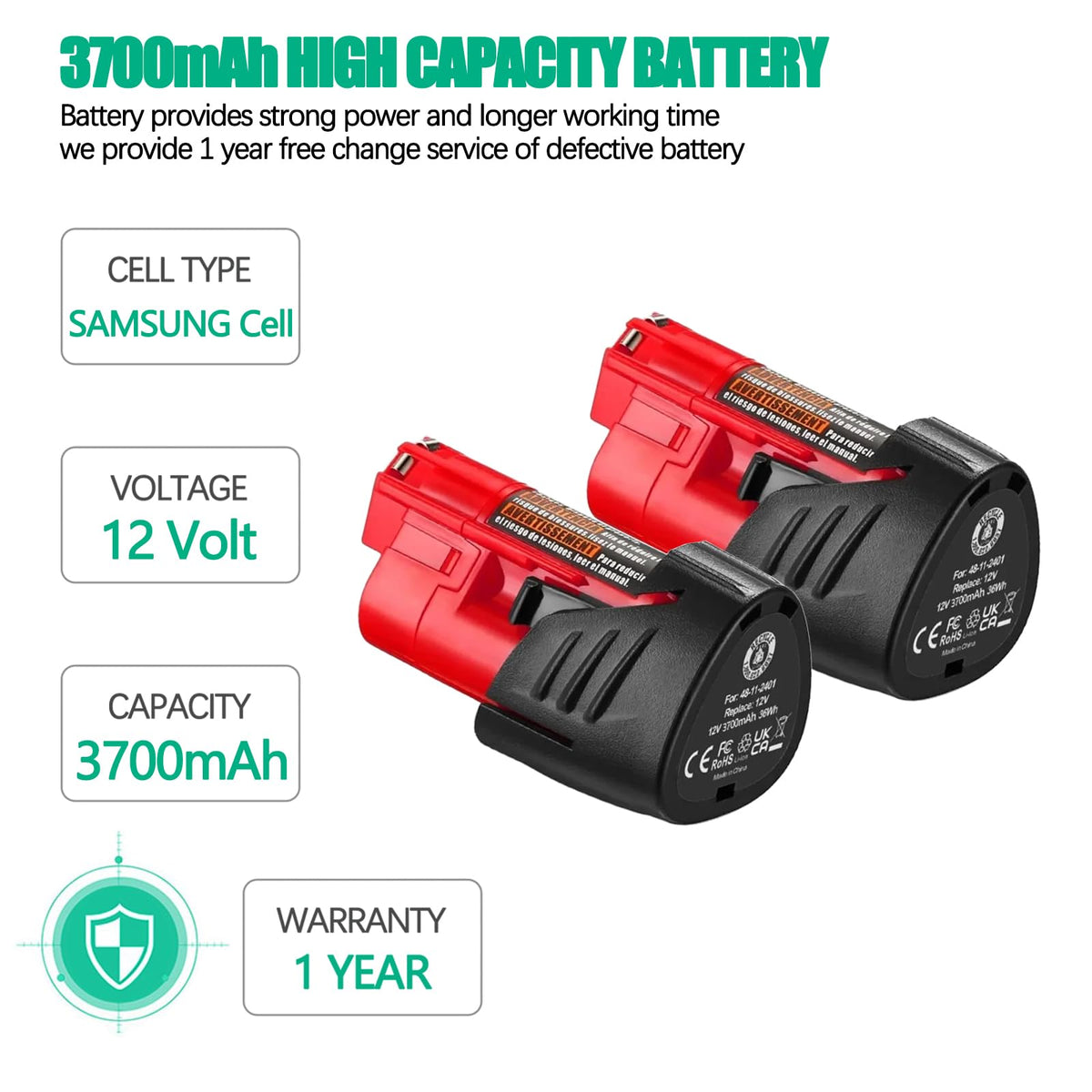 Batryuic battery with built-in BMS protection for safe charging and use.