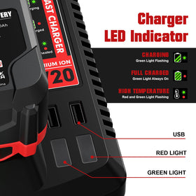 BATTOOL 20V battery charger enables quick recharge in 1–2 hours.