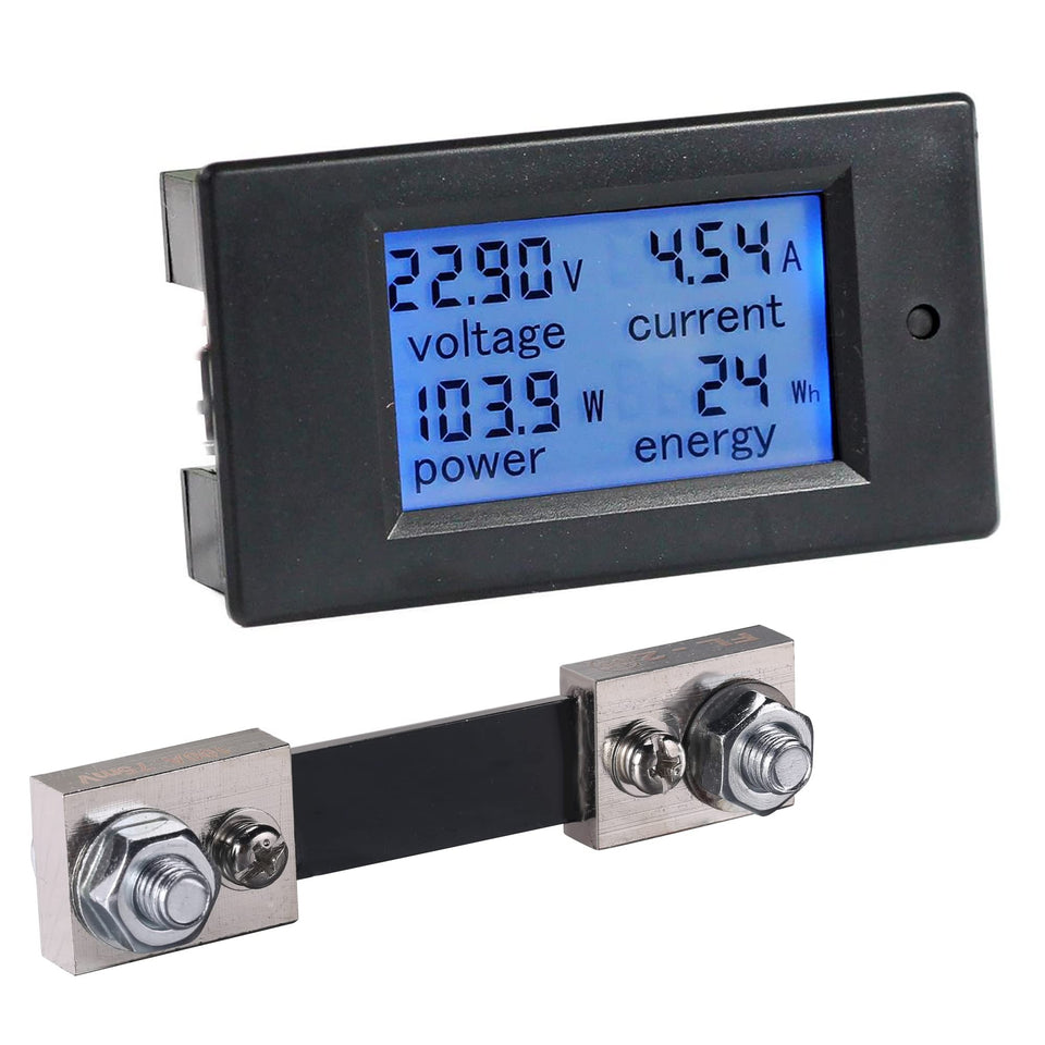 bayite DC 8-100V LCD meter front view showing real-time readings for voltage, current, power, and energy.