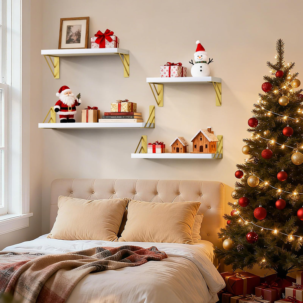 Bayka floating shelf in white-gold adds minimalist decor touch.