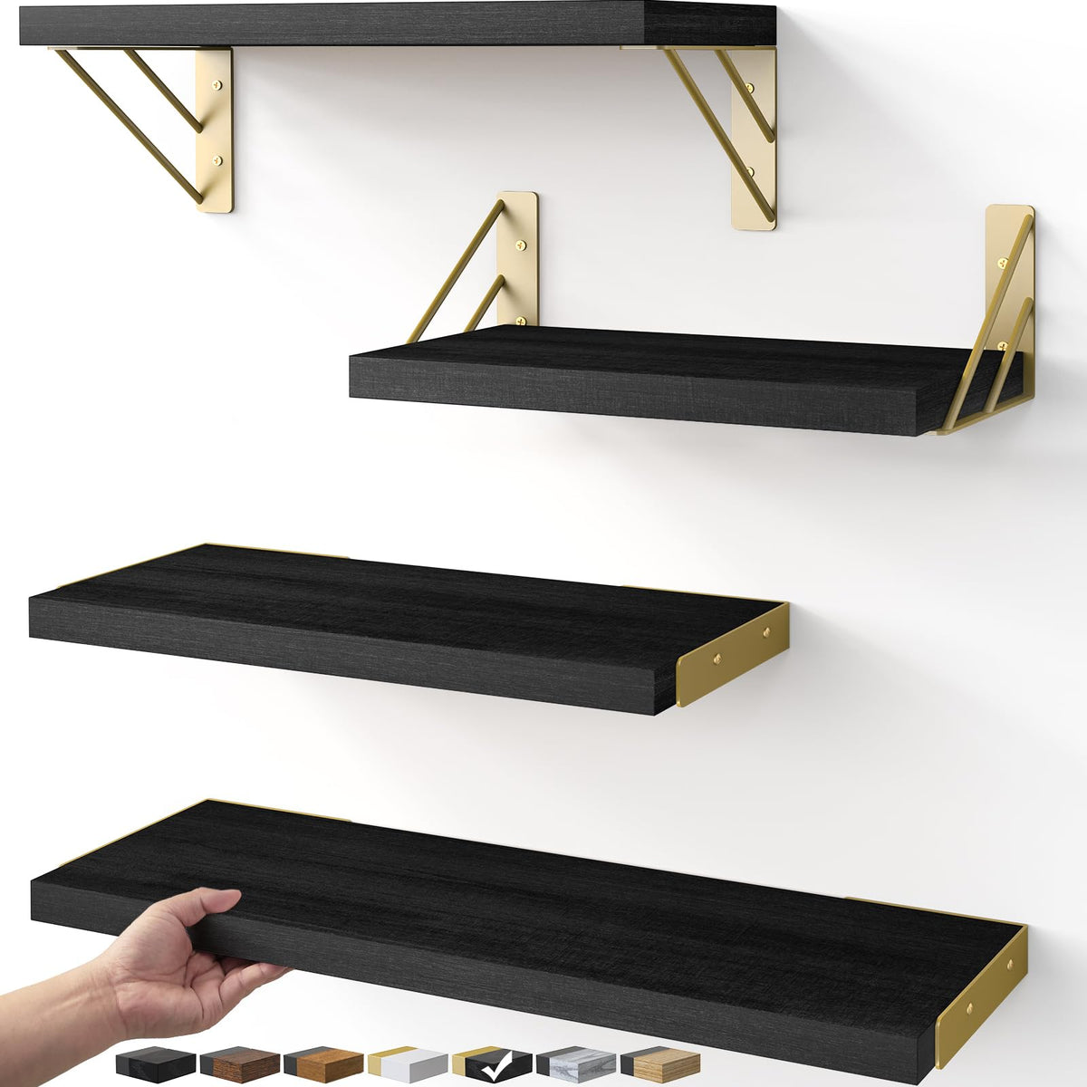 BAYKA floating shelves in black gold displaying decor in a stylish living room