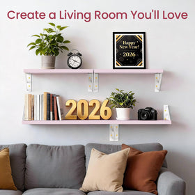BAYKA pink floating wall shelf in the living room keeps books and decor organized.