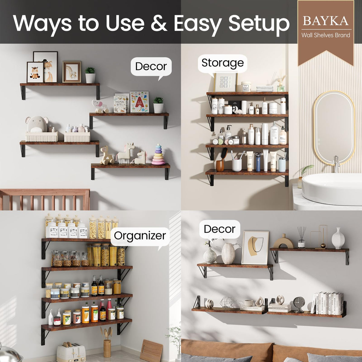 BAYKA rustic brown wall shelf corner solution for small bathrooms.