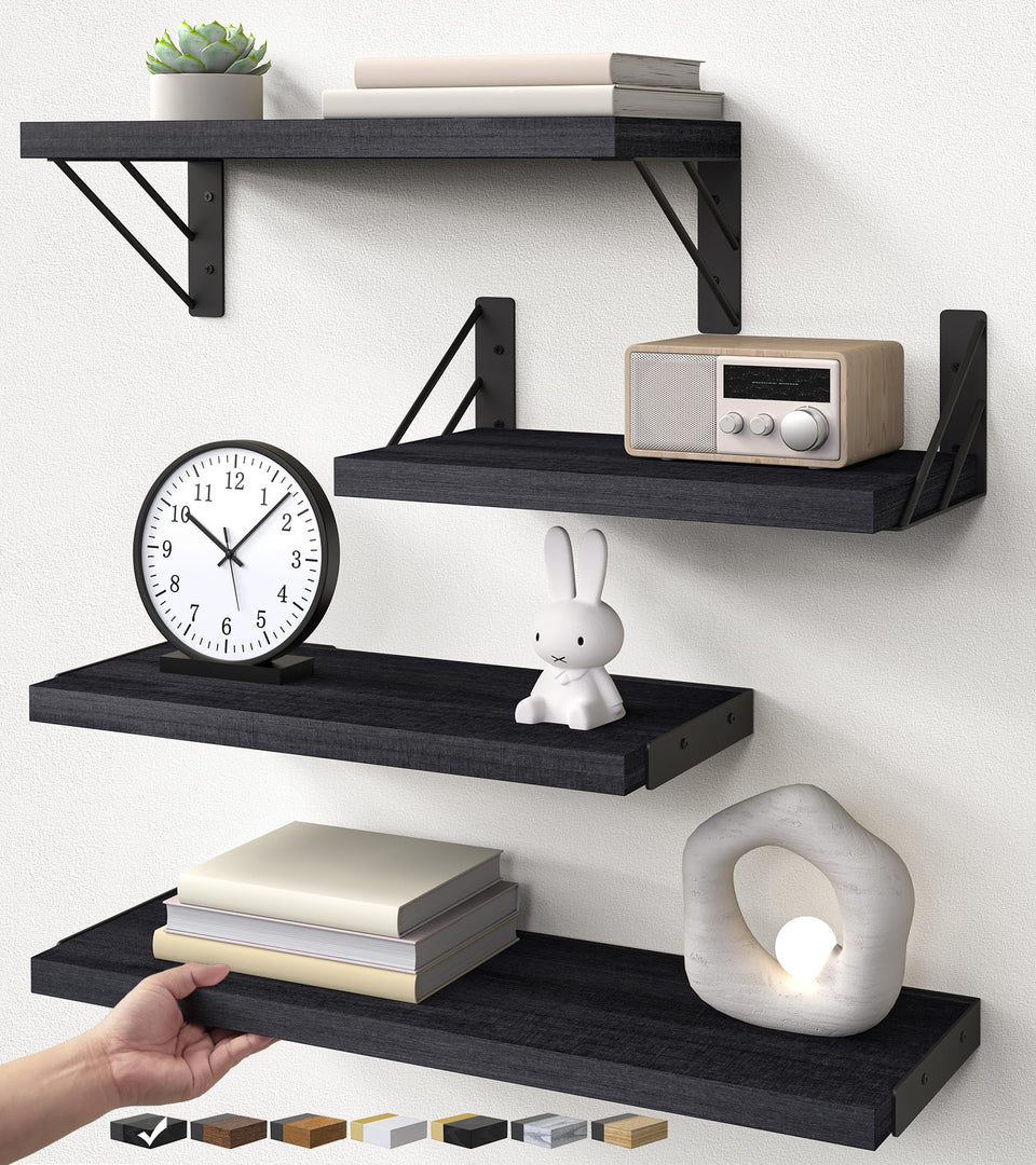 BAYKA wall-mounted black shelves displayed on wall for bathroom storage and style.