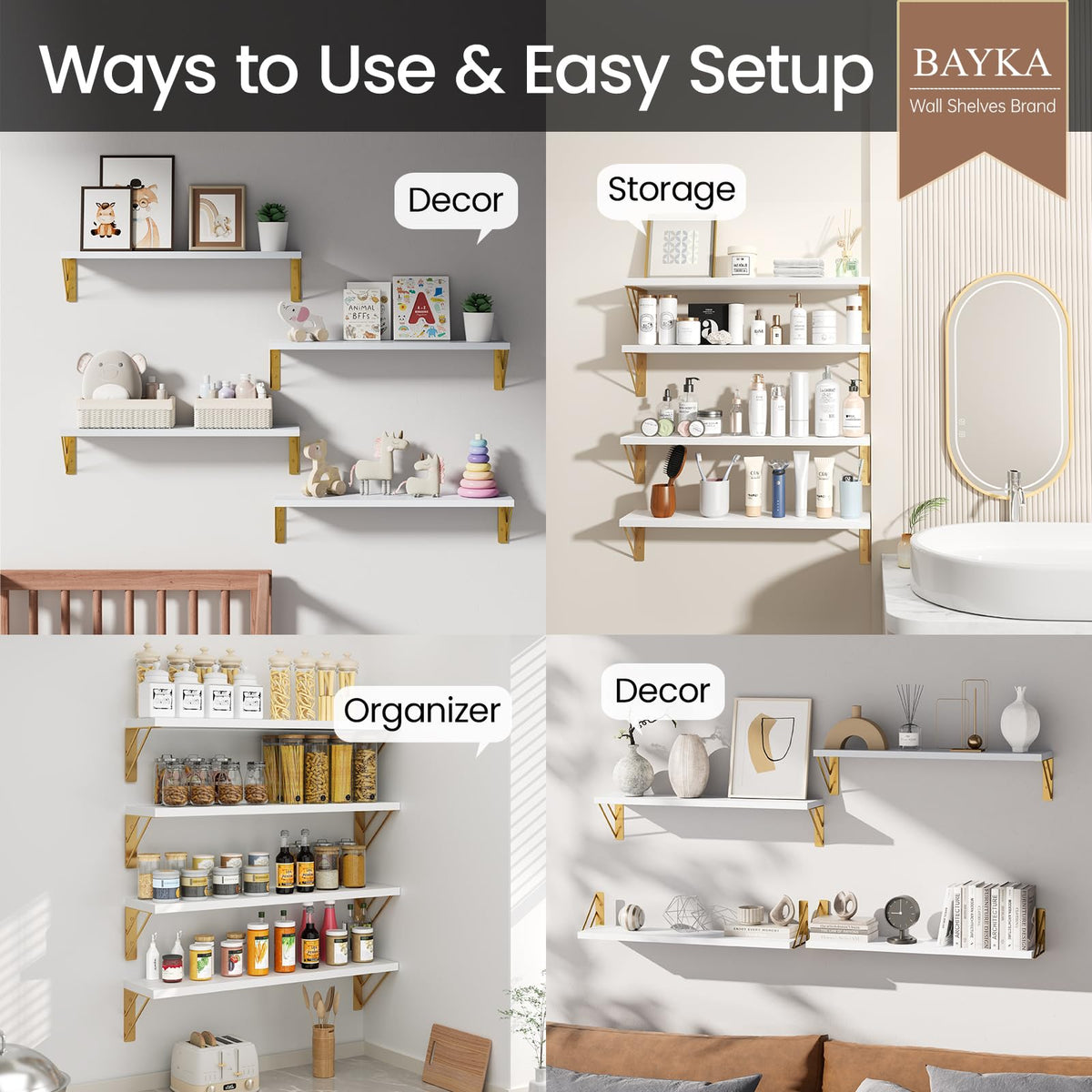 BAYKA wall shelves in the bedroom for neat storage of books and trinkets.