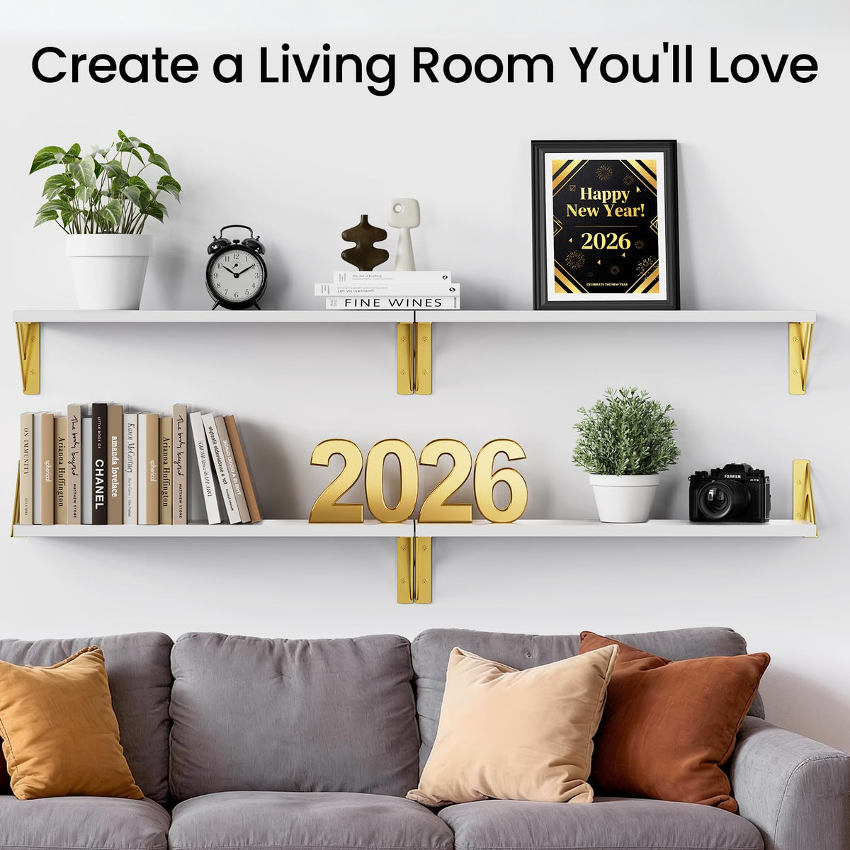 BAYKA wall shelves in the living room displaying decor while saving floor space.
