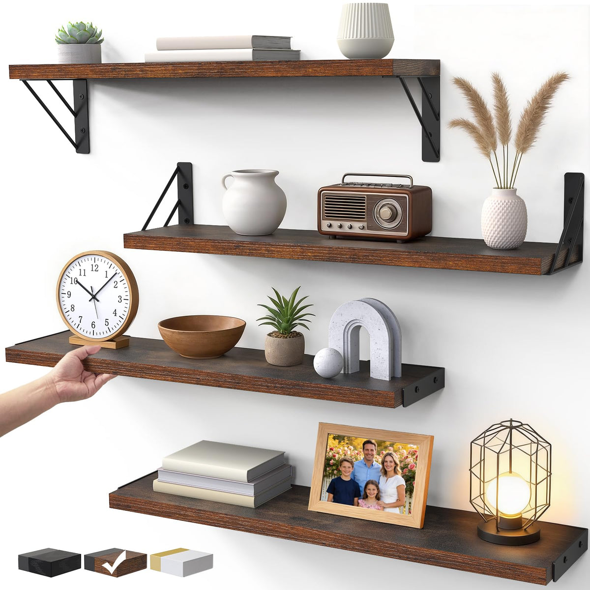 BAYKA wall shelves in rustic brown 23-inch length display books and decor.