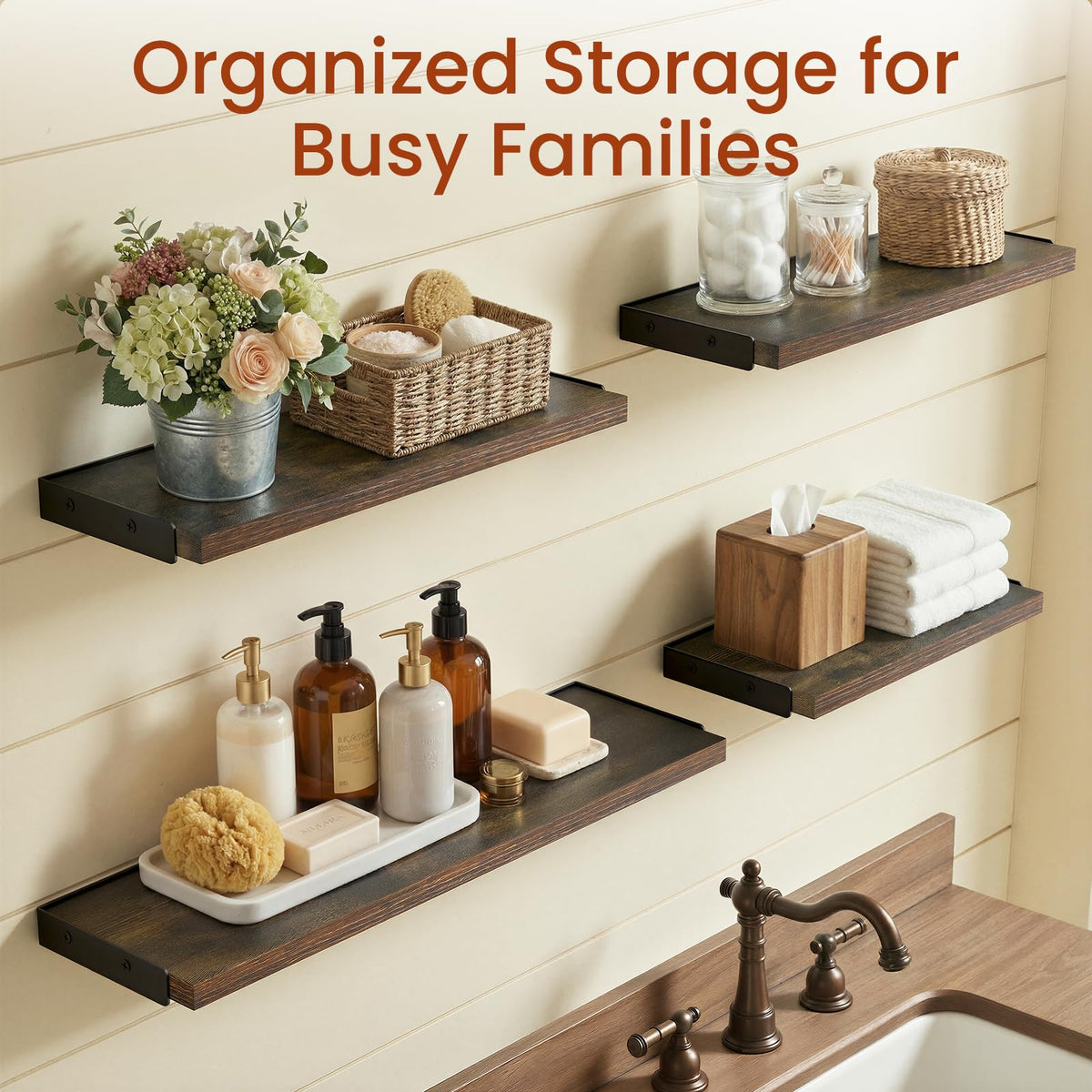 Bayka rustic brown bathroom shelves provide neat storage for toiletries and towels.