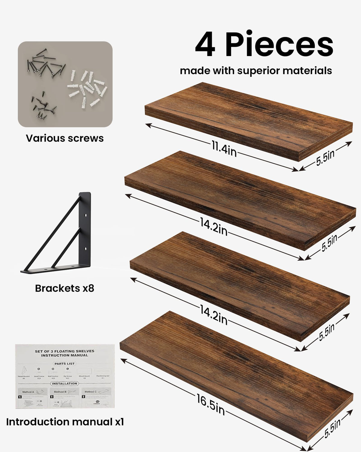 Bayka rustic brown wall shelves with easy installation for DIY setup.