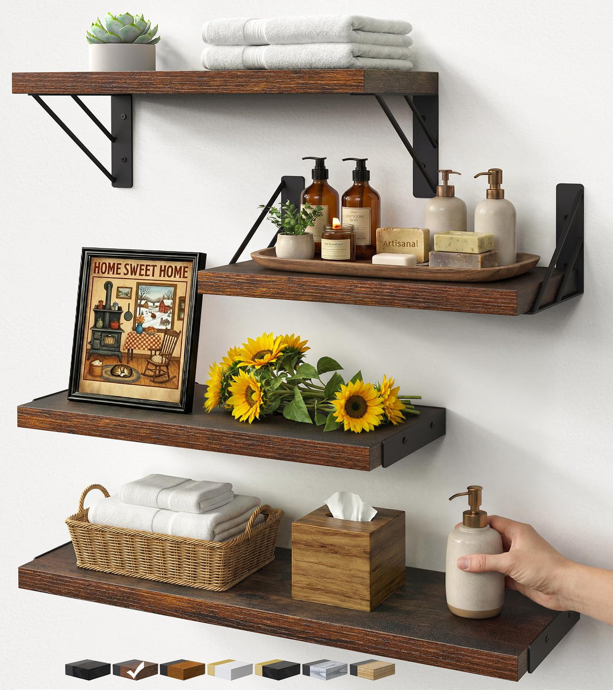 Bayka rustic brown wall shelves display and organize living room items with style.