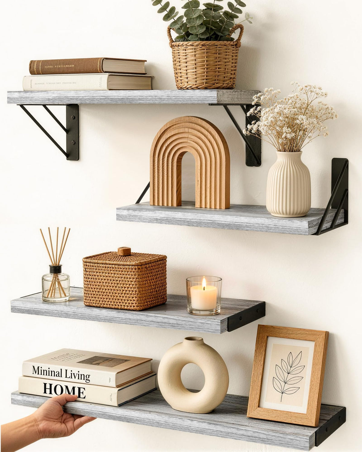 BAYKA wall shelves with rustic gray-white finish for versatile storage and display