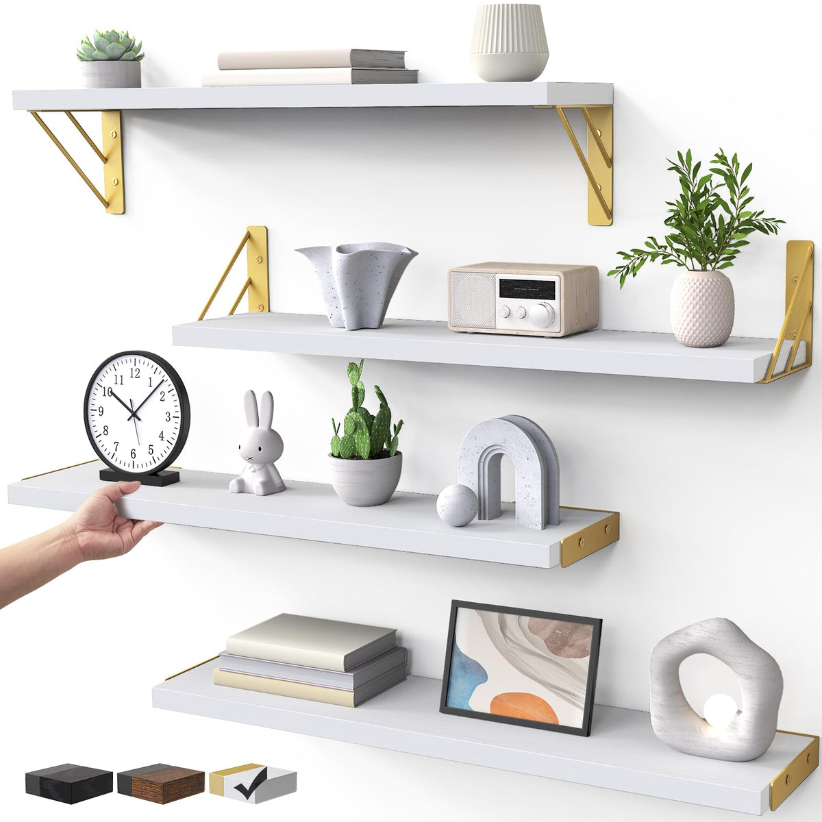 BAYKA wall shelves set of four in rustic white and gold for organized display.