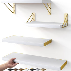 Bayka wall shelves set of four in white-gold finish for versatile storage.