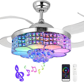 BAYSQUIRREL retractable crystal ceiling fan with light adds ambient elegance to the living room.