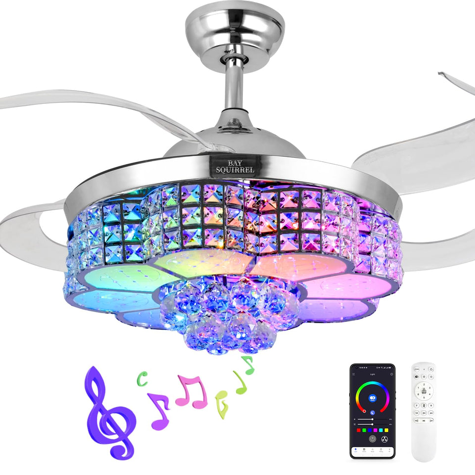 BAYSQUIRREL retractable crystal ceiling fan with light adds ambient elegance to the living room.