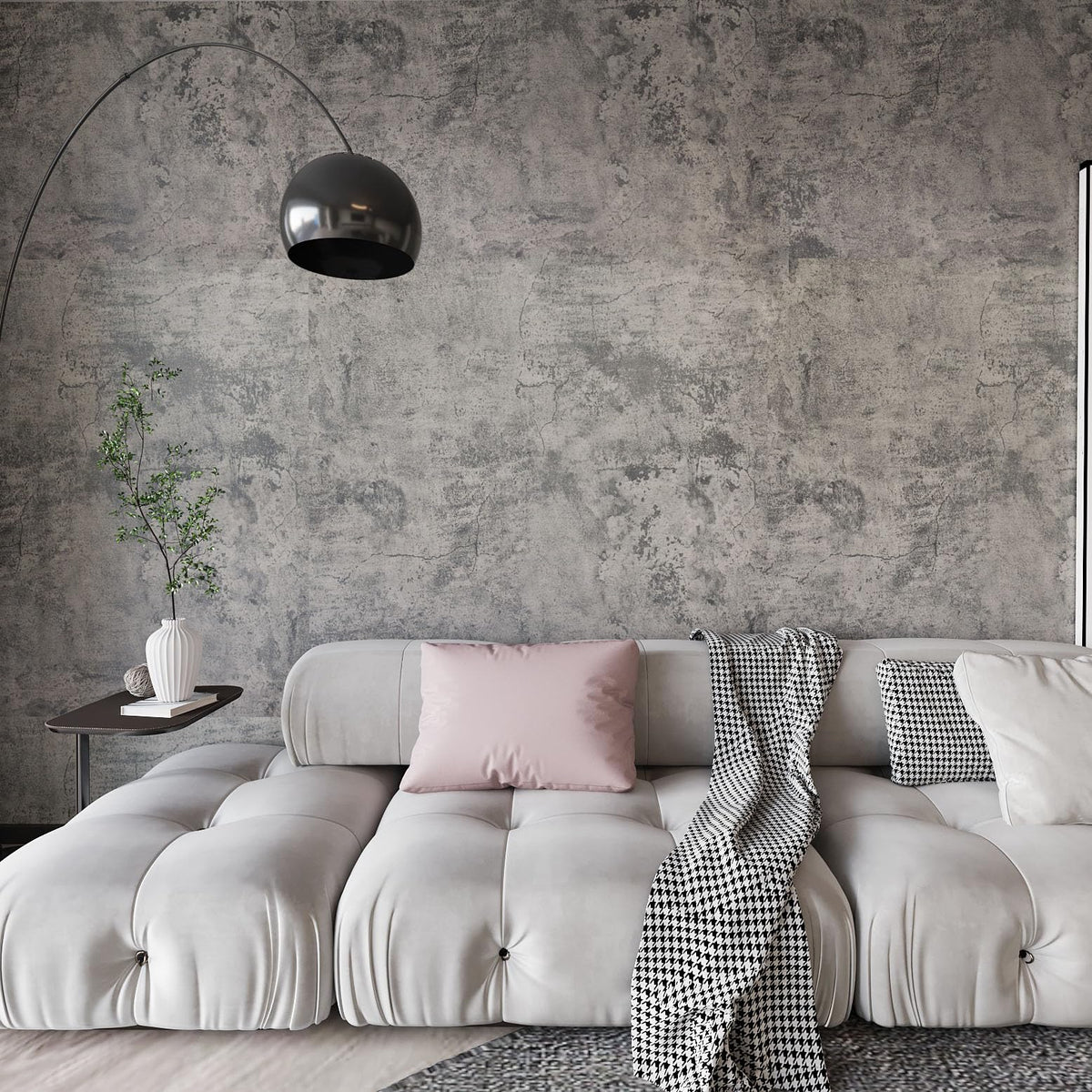 BAYYA cement grey wallpaper with concrete texture adds rugged style to a feature wall.