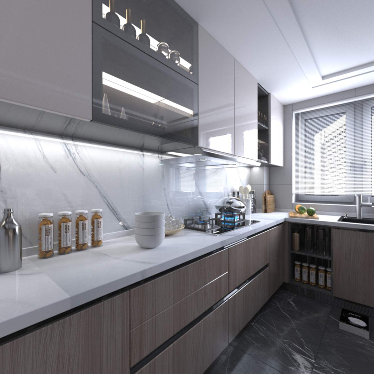 BAYYA marble wallpaper with grid-back simplifies precise cuts and layout.
