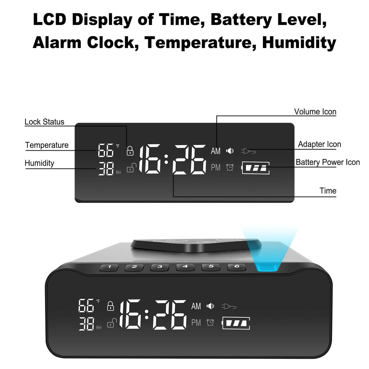 BBRKIN smart alarm clock display shows time, humidity, and temp