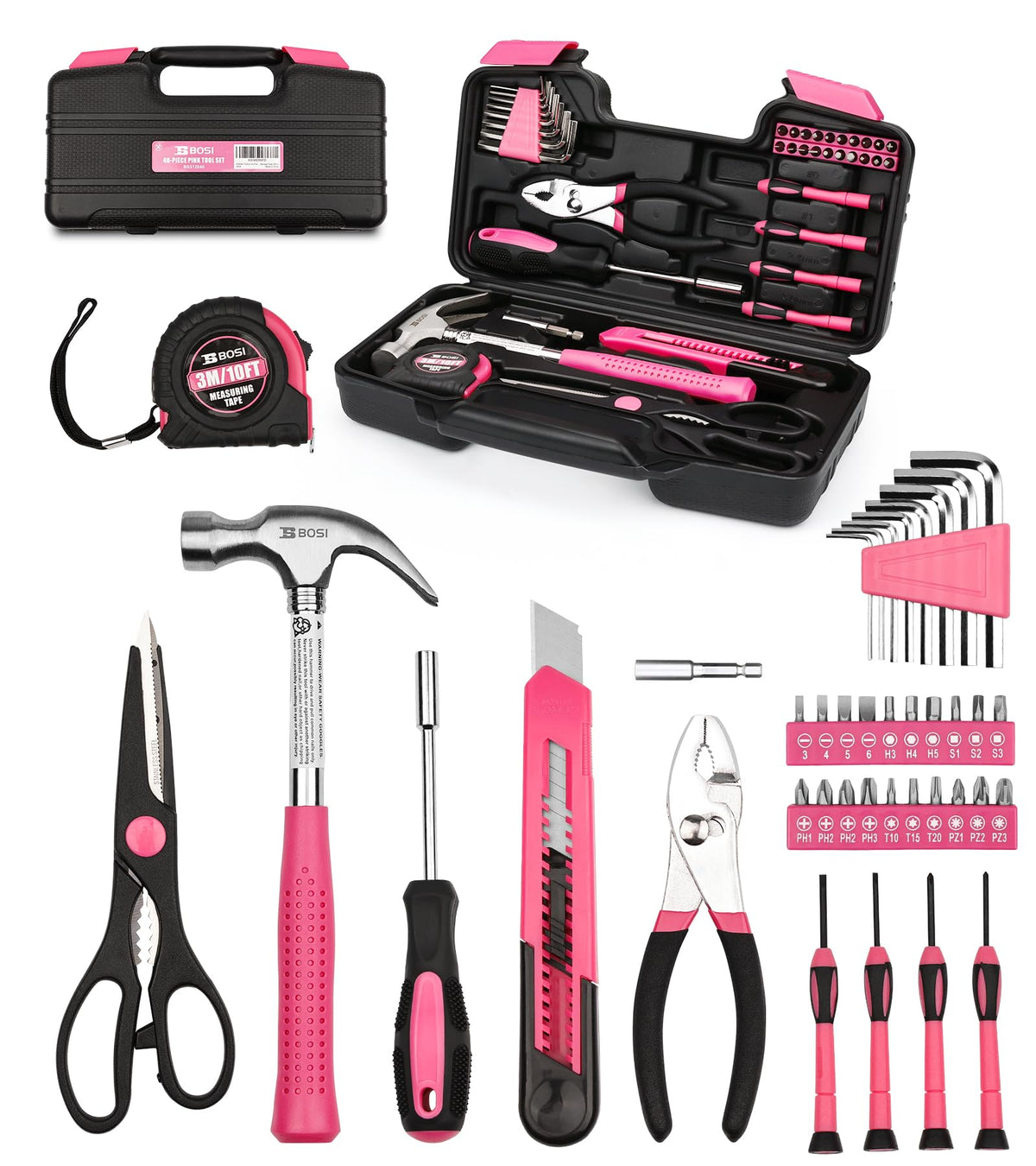 BBOSI TOOLS 40-piece pink tool set case open, for quick home projects