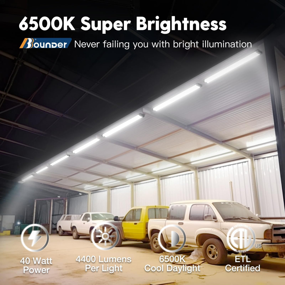 BBBOUNDER ceiling-mounted LED shop light providing wide daylight at 6500K.