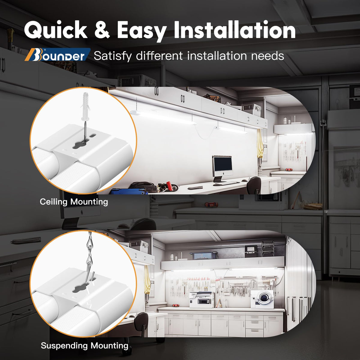 BBOUNDER wide-application lights ideal for garage, basement, and storage spaces.