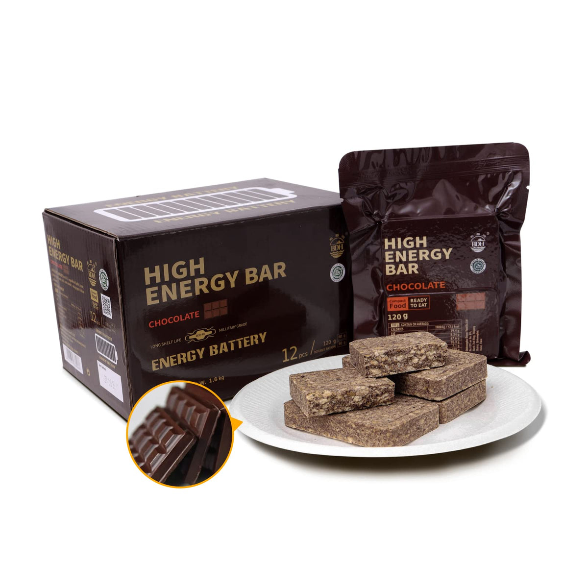 BDH Emergency Bars chocolate box front, compact packaging for on-the-go energy.