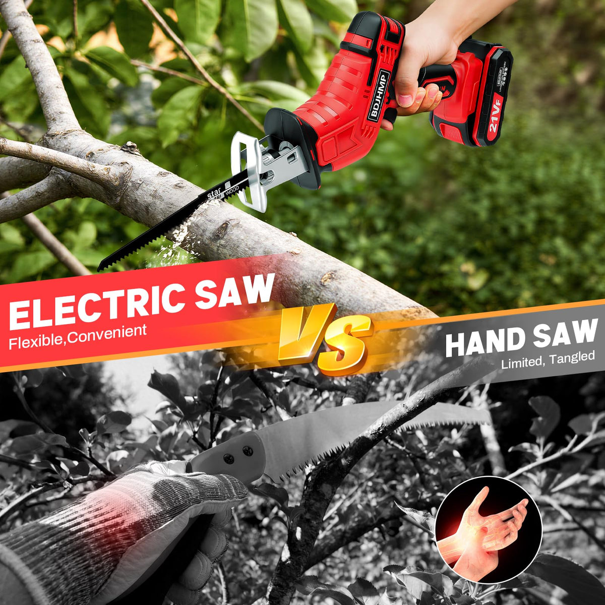 BDJHMP cordless reciprocating saw with LED light for dim spaces
