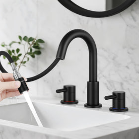BDJM bathroom faucet with 8-inch spread and pull-down spray for easy sink cleaning.