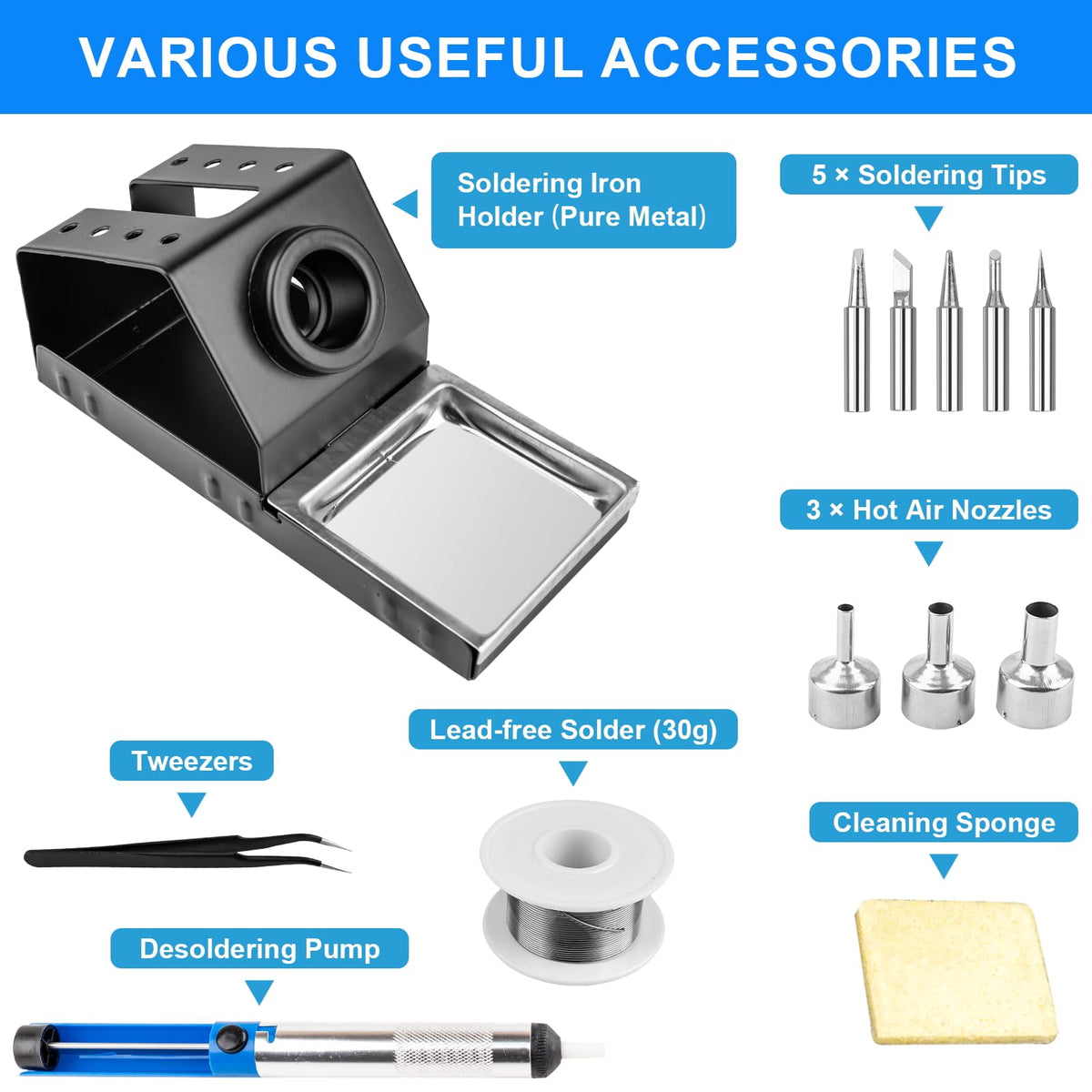 Beaiguna kit accessories with desoldering pump and sponge, ready to use.