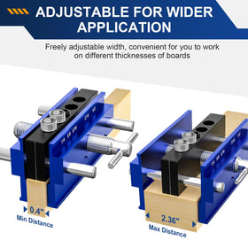 Beaiguna jig in-use setup demonstrates adjustable width for varied blocks.