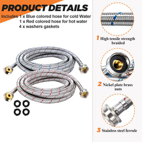 Beaquicy stainless steel braided wash hose 2-pack with durable connections