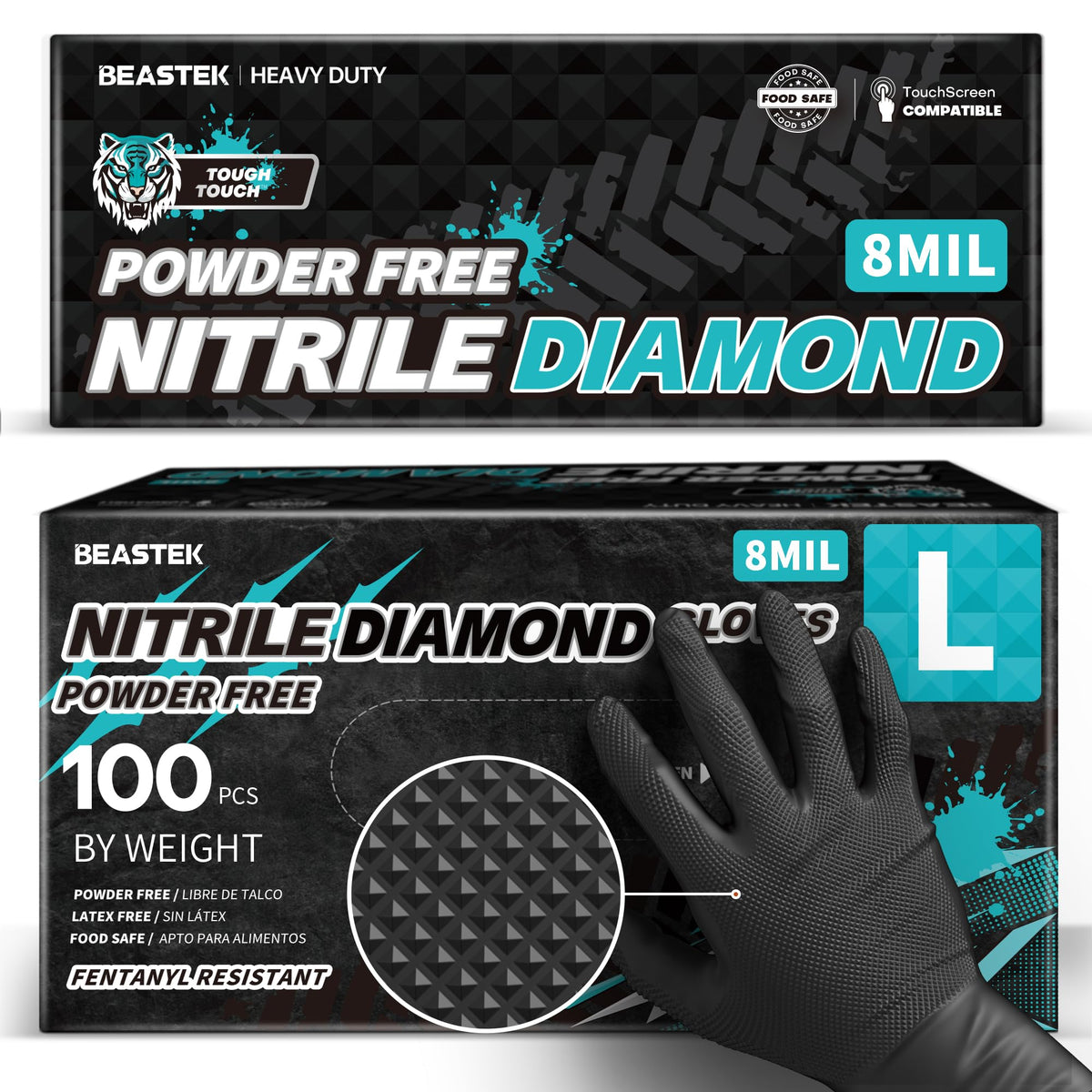 Beastek nitrile gloves with heavy-duty palm and diamond texture for secure grip