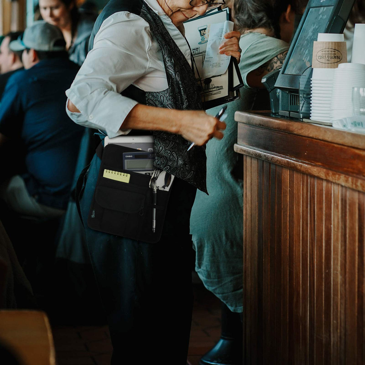 Beautyflier waist bag back pocket keeps receipts securely while serving.